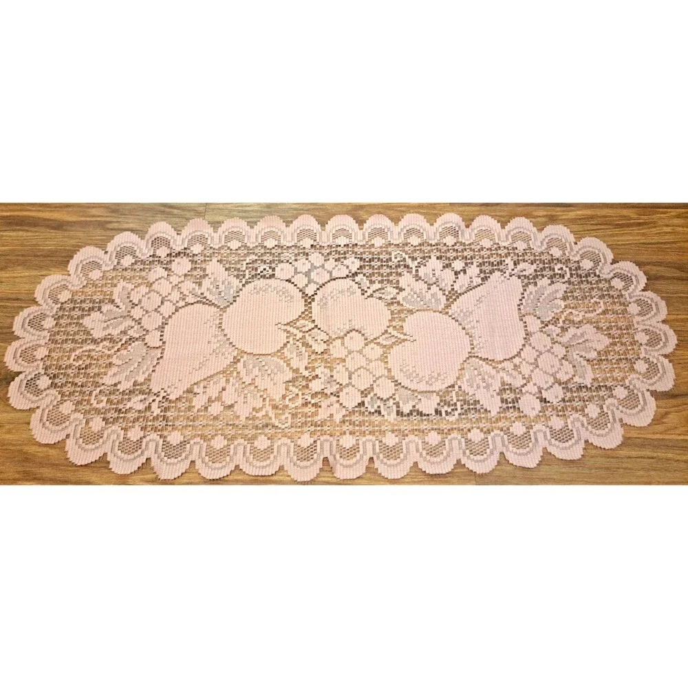 Pink Lace Table Runner Fruit Apples Pear Dresser Scarf Country Cottage 30x13